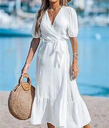 economico -Per donna Abito maxi Abiti ispirati al lino Abito Bianco Abito a Portafoglio Abito Estivo Hawaiano Vacanza Data Vestibilità regolare Mezza Manica Scollo a V Nero Bianco Blu Estate