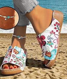 رخيصةأون -مجموعة من الصنادل النسائية ذات الكعب العالي والأحذية المريحة للشاطئ اليومي وزهرة كرتونية ومقدمة مفتوحة من جلد الغزال للمشي وخلخال محيطي عصري في الهواء الطلق