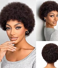baratos -Afro kinky encaracolado franja peruca para mulheres afro pixie corte curto peruca de cabelo humano macio encaracolado peruca afro natural olhando para o uso diário