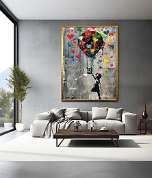 preiswerte -Banksy rotes Ballonmädchen Gemälde handgemachtes Banksy Graffiti Kunstwerk Ölgemälde Pop Art Wanddekoration Banksy Mädchen buntes Ballon Leinwandgemälde für Schlafzimmer Wohnzimmer Kunstwerk