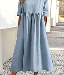 cheap -Women's Casual Dress Cotton Linen Dress Midi Dress Pocket Basic Daily Shirt Collar Half Sleeve Summer Spring White Royal Blue Plain
