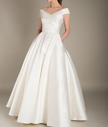 cheap -A-Line Evening Gown Elegant Dress Prom Wedding Reception Floor Length Short Sleeve V Neck Fall Wedding Guest Satin with Pocket 2024