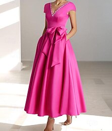 billiga -a-line bröllopsgästklänning elegant klänning semi-formell klänning te-lång kortärmad v-halsficka satin med rosett(er) kristaller 2024