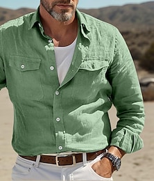 abordables -Hombre Camisa camisa de lino Camisa de verano Camisa de playa Blanco Rosa Azul Piscina Manga Larga Color sólido Cuello doblado Calle Diario Ropa Bolsillo