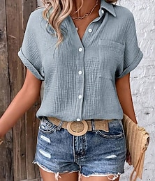 economico -camicetta da donna scollo a V abbottonatura motivo strutturato casual manica corta top estivo blu sbiadito vestibilità regolare leggero traspirante