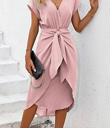 cheap -Women's Casual Dress Midi Dress Lace up Ruched Party Elegant Vintage V Neck Sleeveless Pink Color