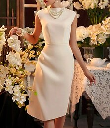 abordables -Robe de cocktail en forme de colonne, élégante robe d'invité de mariage, formelle, longueur thé, sans manches, asymétrique épaule dénudée, crêpe extensible avec fente, 2024