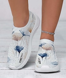 billige -Dame Kondisko Slip-Ons Print sko Krystal Sandaler Plus størrelse Fest udendørs Daglig Blomstret Bjergkrystal Flade hæle Mode Sporty Afslappet Flyvende vævning Blå Grøn