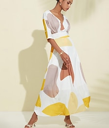 abordables -robe longue en satin à fleurs avec poches et col en V
