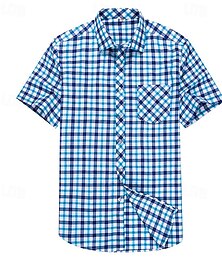 billige -Herre Jakkesætsskjorter Button Up skjorte Ternet skjorte Skjorte med krave Hvid Rød Blå Kortærmet Plæd / Tern Aftæpning Sommer Forår Bryllup Afslappet Tøj