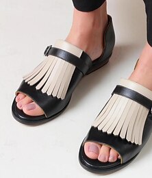 abordables -sandales à franges noires et beiges pour femmes – chaussures plates en similicuir à bout ouvert avec boucle réglable pour tenues décontractées et estivales