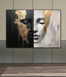 billiga -handmålade abstrakta flickansikten målningar på duk svart vit målning figurativa konstverk guld människor målar minimalistisk väggkonst för heminredning sträckt ram redo att hängas