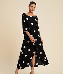 economico -Per donna Abito Elegante Abito Midi Nero Manica 3/4 A pois Orlo asimmetrico Fuori dalla spalla Primavera & Estate Senza Spalle Elegante Romantico S M L
