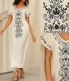 abordables -Femme Brodée Robe vintage robe longue Floral Col V Manche Courte Eté Printemps Blanche