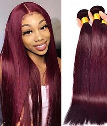 cheap -Wine Red #99J Remy Human Hair Weave 12-30 inch Long Silky Straight Unprocessed Virgin Brazilian Hair Weft Extensions for Women 3PCS