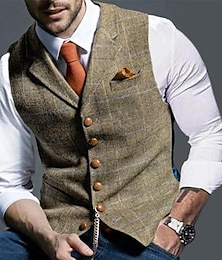 cheap -Men's Vest Waistcoat Daily Wear Going out Vintage Fashion Spring &  Fall Button Polyester Comfortable Plain Single Breasted V Neck Regular Fit Deep Green Gray Green Navy Leaf Vest