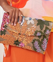 abordables -Femme Sac à main Sac de Plage Pochette Mini Sac de Poignet Polyester Lin Soirée Fête de Mariage Plage Paillette Grande Capacité Fleur Bleu Ciel Rouge bordeaux couleur orange