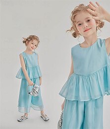 お買い得  -２個 子供 女の子 純色 パンツスーツ セットする ノースリーブ ファッション アウトドア 3～7歳 夏 ブルー