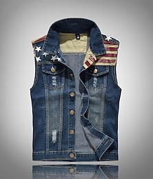 cheap -Men's Gilet Denim Vest Daily Wear Vacation Going out Fashion Basic Spring &  Fall Button Pocket Cotton Blend Comfortable National Flag Single Breasted Lapel Regular Fit Blue Vest