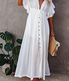 abordables -Femmes Robe maxi Robes inspirées du lin Robe Blanche Robe évasée Robe d'été Streetwear Robe Maxi Basique Vacances Fête Plage Coupe Ample Manche Courte Col en V Noir Blanche Kaki Beige Été