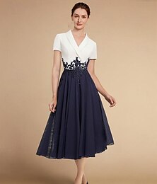 cheap -A-Line Mother of the Bride Dress Elegant Vintage V Neck Tea Length Satin Lace Short Sleeve with Lace Appliques Color Block 2024