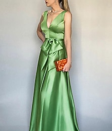 billiga -A-linje Cocktailklänningar Elegant Klänning Bröllopsgäst Kentucky Derby Telång Ärmlös V-hals Ficka Satäng med Rosett(er) 2024