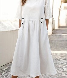 preiswerte -Damen Weißes Kleid Casual kleid Midikleid Taste Tasche Basic Täglich Rundhalsausschnitt Halbe Ärmel Sommer Frühling Weiß Purpur Glatt