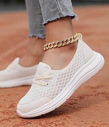 זול -נעלי ספורט לנשים נעלי רשת נעלי ספורט נושמות תחרה רשת שטוחה נעלי לופר לבנים ורוד סגול