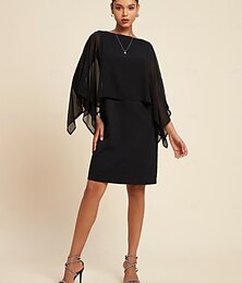 preiswerte -Damen Chiffon Hochzeitsgast schwarzes Kleid lockeres Cape Minikleid figurbetontes Kleid