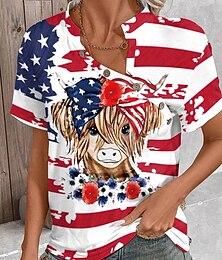 abordables -Mujer Camiseta Bandera estadounidense Diario Casual Manga Corta Escote en Pico Rojo Verano