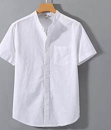abordables -Hombre Camisa Camisa de lino de algodón Camisa de algodón blanca Camisa casual Blanco Verde Trébol Manga Corta Plano Cuello alto Verano Calle Hawaiano Ropa Bolsillo