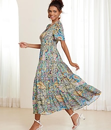 preiswerte -Damen Chiffon-Kleid Geometrisch Rüschen Gefaltet V Ausschnitt Maxidress Party Kurzarm Sommer