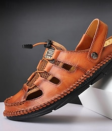 halpa -miesten pu-nahkasandaalit käsintehdyt kengät musta ruskea khaki kesäsandaalit mukavat kengät kävely rento rantaloma verkko hengittävä luistamaton kuminauha kengissä