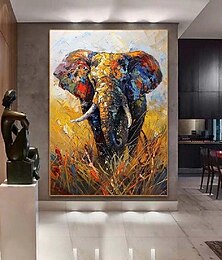 お買い得  -キャンバスに描かれた抽象的なカラフルな象の油絵、カップルのアクリル動物象の絵画、モダンなカラフルなテクスチャナイフ動物の絵画、リビングルーム、寝室のホームデコレーション用アート、壁アート絵画