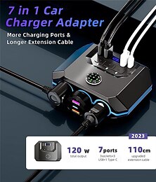 economico -caricatore da auto 7 in 1 ad alta potenza da 120 W con 3 prese e 4 porte USB - interruttori individuali display di tensione a LED per una ricarica efficiente di più dispositivi