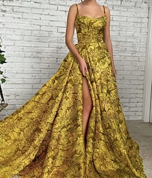 economico -Abiti A-Line Dorati Vestito da Sera Abito ad Alto Spacco Formale Strascico Senza Maniche Spaghetti Paillettes con Glitter Pieghe Ruching Abito Ospite di Nozze