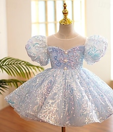 cheap -Toddler Girls' Party Dress Sequin Sleeveless Performance Mesh Cute Princess Polyester Above Knee Sheath Dress Tulle Dress Summer Spring Fall 3-7 Years Sky Blue