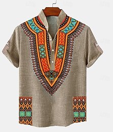 preiswerte -Herren leinenhemd Henley Shirt Retro-Shirts Vintage-Shirt Ethnisches Hemd Ethnisch Urlaub Täglich Blau Grün Khaki Kurzarm Mandarinkragen Sommer Frühling Bekleidung Bedruckt