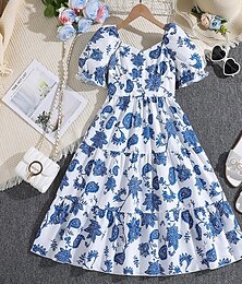 cheap -Kids Girls' Dress Solid Color Short Sleeve Party Outdoor Casual Fashion Daily Polyester Summer Spring 2-13 Years Blue