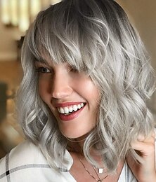 Недорогие -волнистый парик боб с челкой натуральный ombre серебряный парик синтетические волосы длиной до плеч короткие вьющиеся волосы для женщин
