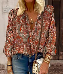 economico -Camicia da donna moda casual paisley con bottoni stampa maniche lunghe top regolare colletto casual quotidiano uscita rosa rossa verde primavera e autunno