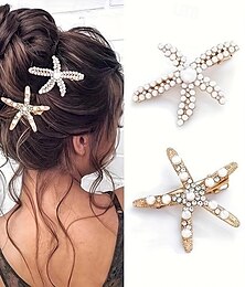 baratos -Presilha de cabelo decorativa em formato de estrela do mar, vintage, pérola falsa, elegante, para mulheres e meninas, uso diário