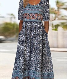 cheap -Women's Casual Dress Floral Pocket Print Crew Neck Midi Dress Ethnic Casual Daily Date Short Sleeve Summer