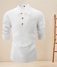 お買い得  -Men's Shirt Linen Shirt Cotton Linen Shirt Popover Shirt Casual Shirt Black White Blue Long Sleeve Plain Lapel Spring &  Fall Hawaiian Holiday Clothing Apparel Button-Down