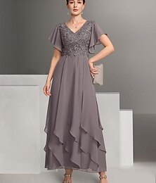 cheap -A-Line Mother of the Bride Dress Elegant Wedding Guest Dress Jewel Neck Ankle Length Chiffon 3/4 Length Sleeve with Appliques 2024