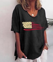 abordables -Femmes T-shirt Chemises en coton et lin USA Occasionnel Manche Courte Col rond Hauts Réguliers Vacances Jour de l'indépendance Imprimé Noir Vin bleu marine Été