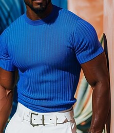 halpa -Miesten Lyhythihainen paita Lihaspaita Ribbineulos T-paita T-paita Lyhythihainen Tiukka pyöreä kaula-aukko Kesä Kevät kesä Yhtenäinen väri Pit Strip Urheilu Päivittäin Joustin ulko- Kausaliteetti