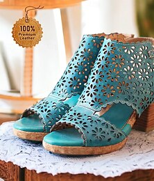 cheap -Women's Sandals Plus Size Handmade Shoes Outdoor Daily Beach Floral Cut-out Buckle Block Heel Round Toe Bohemia Vintage Casual Walking Premium Leather Loafer Blue