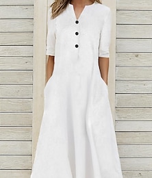 preiswerte -Damen Weißes Kleid Leinenkleid Weißes Baumwollkleid Maxidress Taste Tasche Brautkleider schlicht Täglich Gespaltener Hals Halbe Ärmel Sommer Frühling Schwarz Weiß Glatt