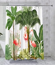 preiswerte -Duschvorhang mit tropischen Pflanzen und Tieren und Haken für Badezimmer, Badezimmerdekor-Set, Polyester, wasserdicht, 12 Stück, Kunststoffhaken